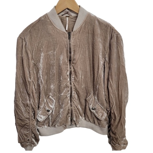 Free People Ruched Velvet Neutral Bomber Jacket. - Picture 5 of 14